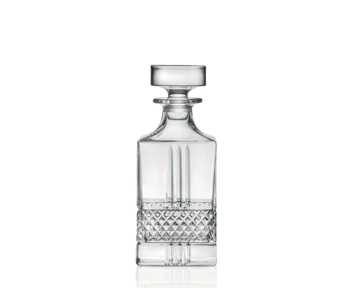 Transparente Whisky Flasche aus Glas von RCR, Höhe 18.9 cm, Fassungsvermögen 85cl, schlanke zylindrische Form mit Verschluss.