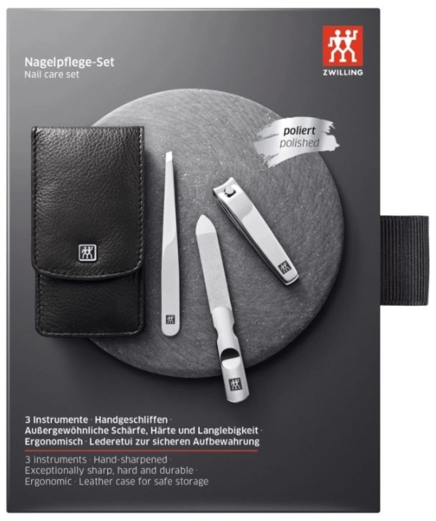 Hochwertiges 3-teiliges Taschen-Etui aus schwarzem Rindleder, perfekt für die stilvolle Organisation von Pflegeartikeln auf Reisen.