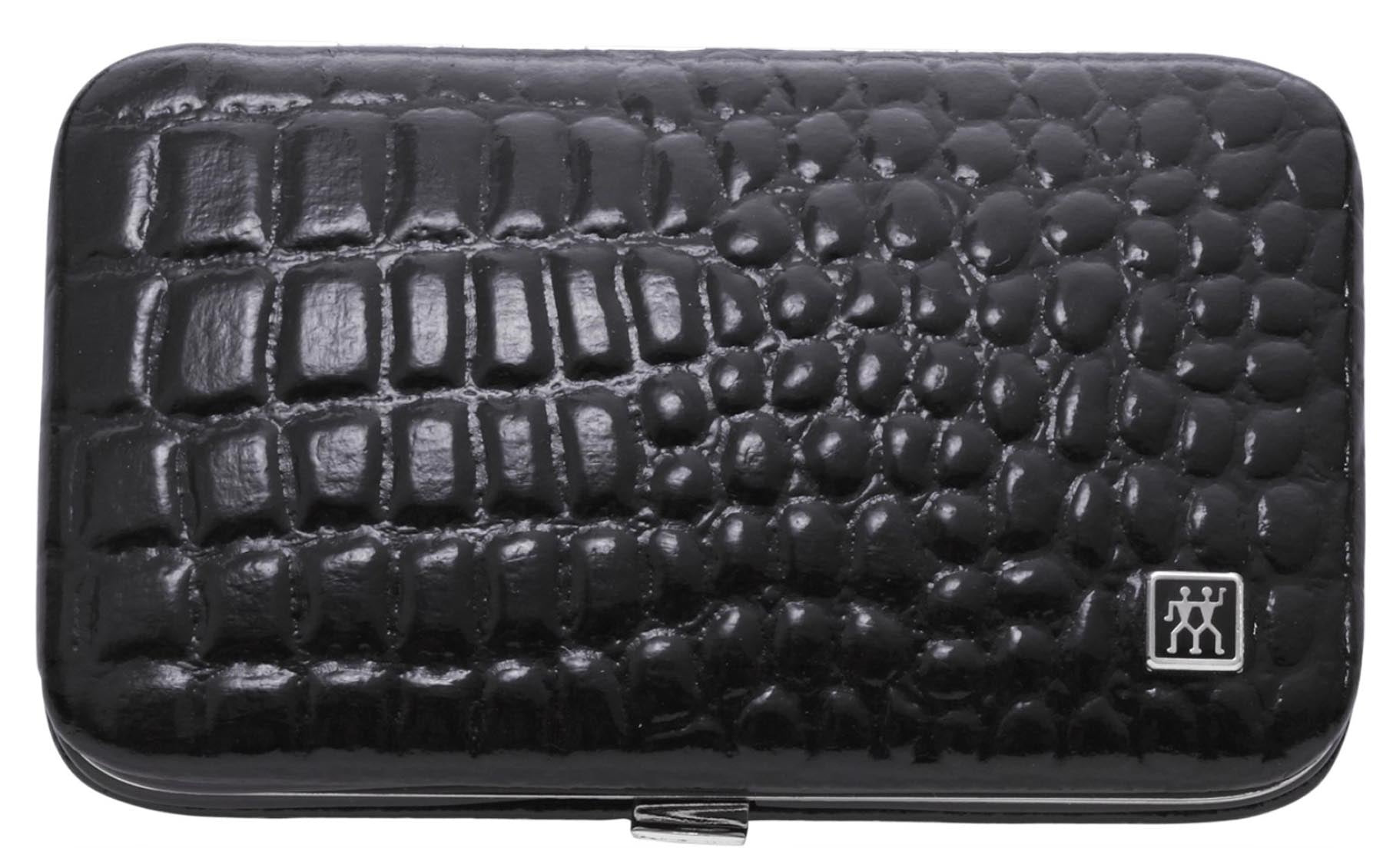Elegantes 3-teiliges Rahmenetui in schwarzer Kroko-Lackoptik, ideal für die Aufbewahrung von Körperpflegeprodukten von Zwilling Beauty.