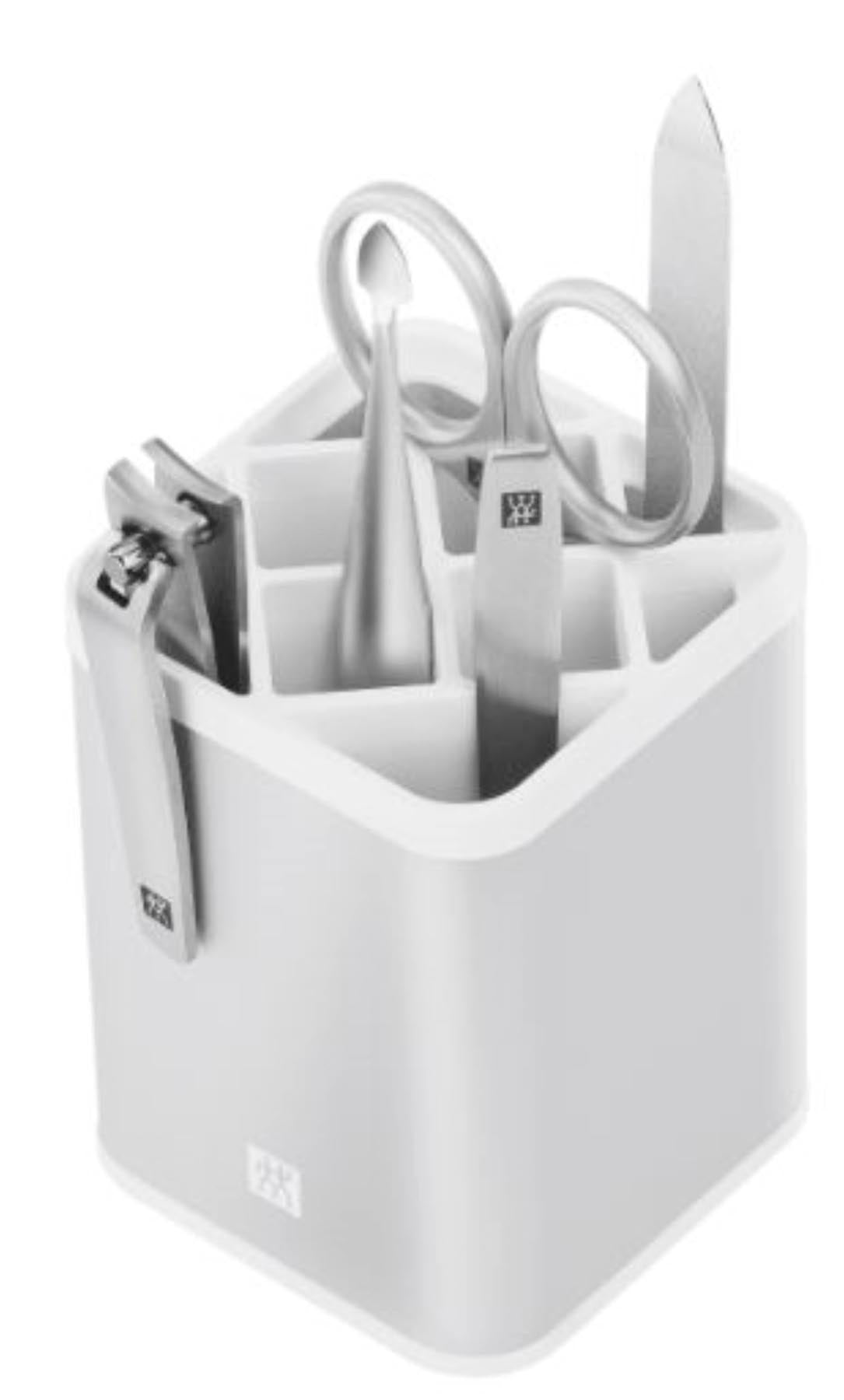 Elegante 5-teilige Maniküre-Station in Silber und Weiß von Zwilling Beauty, ideal für professionelle Nagelpflege und stilvolle Aufbewahrung.