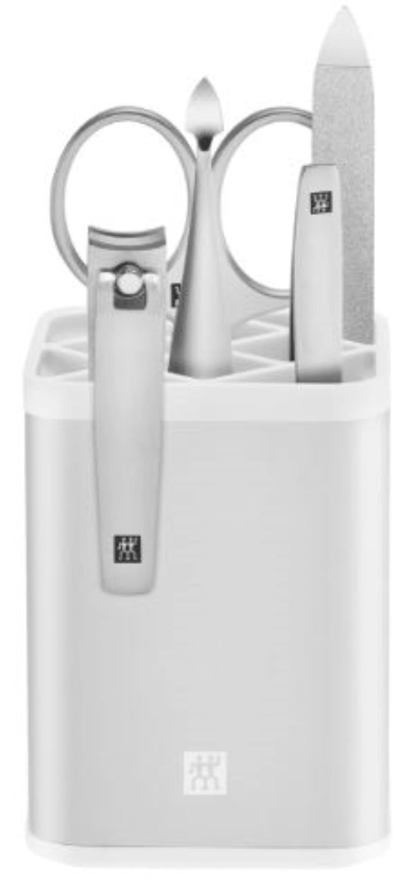 Elegante 5-teilige Maniküre-Station in Silber und Weiß von Zwilling Beauty, ideal für eine professionelle Nagelpflege und stilvolle Aufbewahrung.
