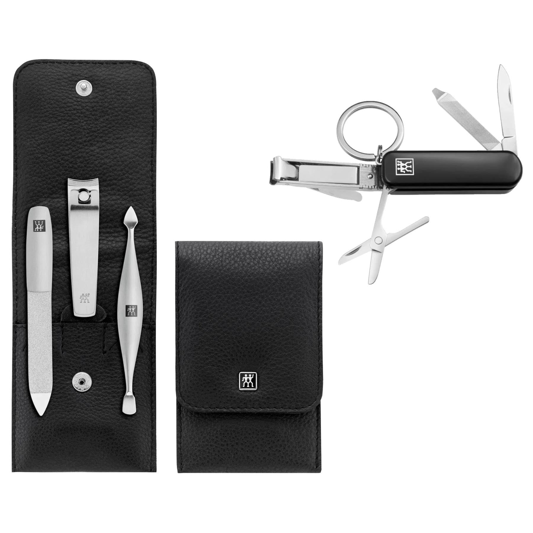 Elegantes 3-teiliges Taschenetui aus schwarzem Leder mit vielseitigem Multi Tool für die Körperpflege von Zwilling Beauty.