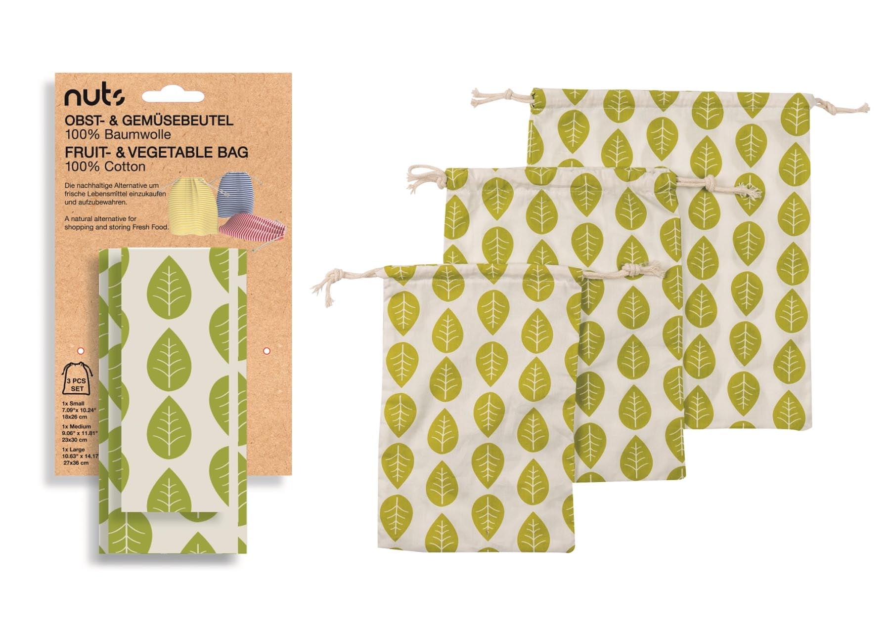3er Set Beutel Baumwolle Blätter 27x36,23x30,18x26cm in Grün präsentiert im Onlineshop von KAQTU Design AG. Küchenhelfer ist von Nuts Innovations