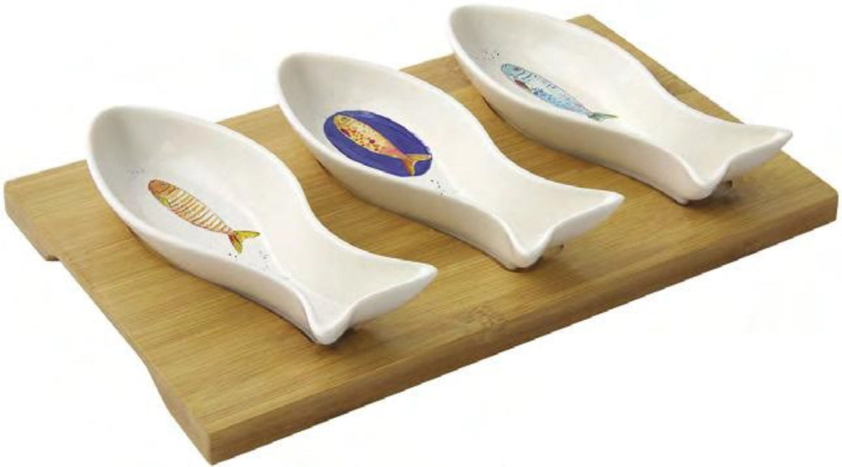 Bord de Mer Aperitiv Set, 4-tlg., Porzellan/Bambus in Mehrfarbig präsentiert im Onlineshop von KAQTU Design AG. Schale ist von Easy Life