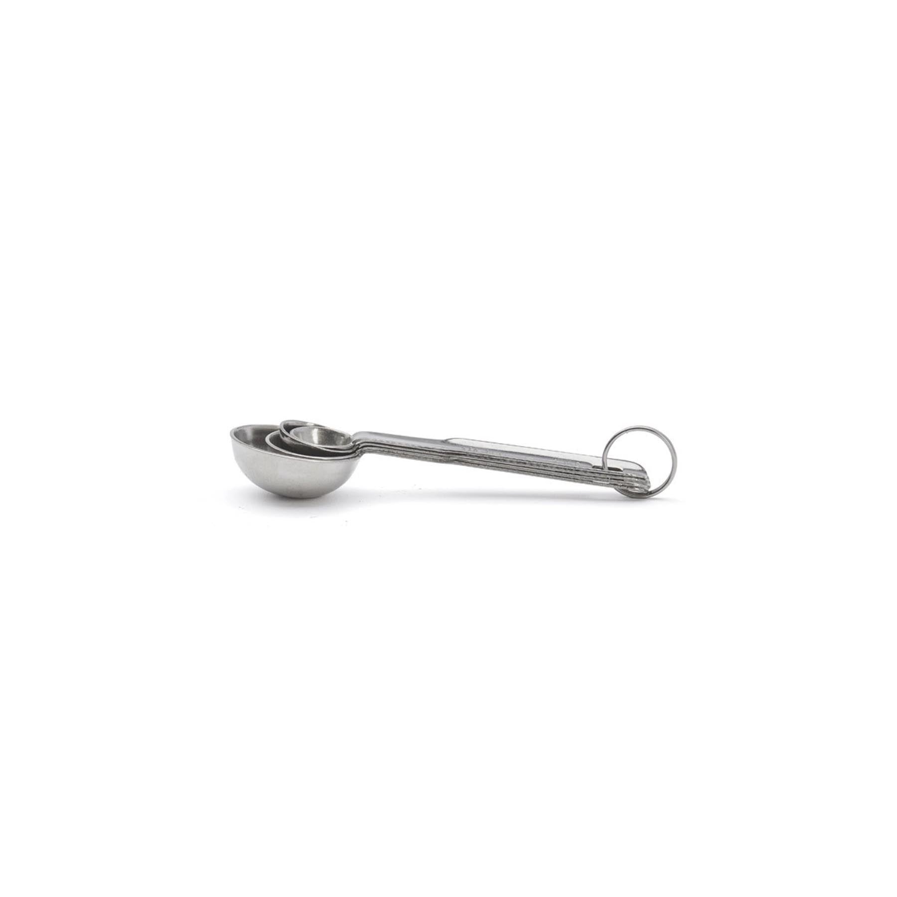 Praktisches 4-teiliges Messlöffel-Set von de Buyer in glänzendem Silber, perfekt für exakte Messungen von Flüssigkeiten und trockenen Zutaten.