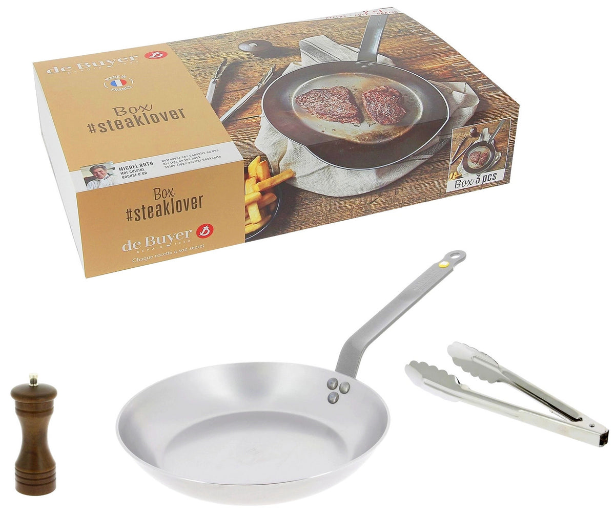 3er Set STEAKLOVER : MINERAL B 26, Ø26+SPATULE+MOULIN, 14cm in Silber präsentiert im Onlineshop von KAQTU Design AG. Bratpfanne ist von de Buyer