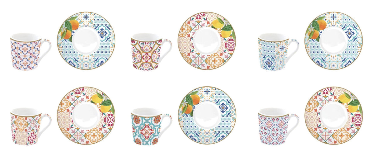 Sechs Espressotassen mit Untertassen im Blumendekor aus Keramik, Coffee Mania von Easy Life
