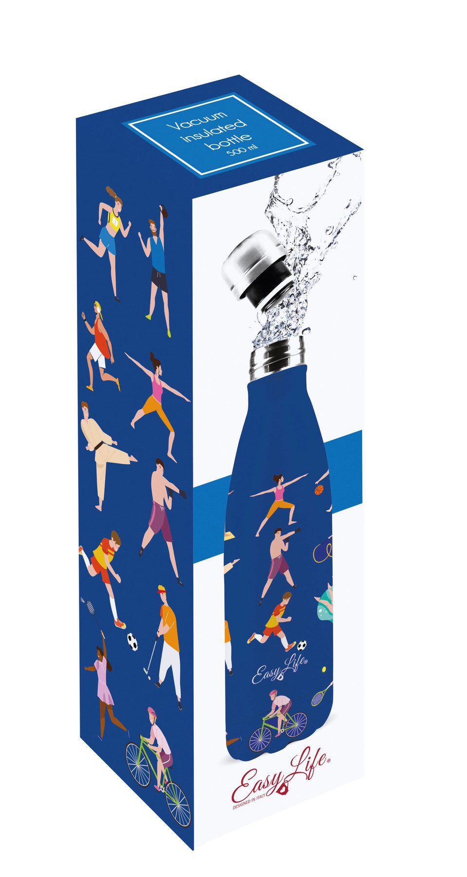 Blaue Isolierflasche aus Edelstahl in schlanker, hoher Form, Modell Sport