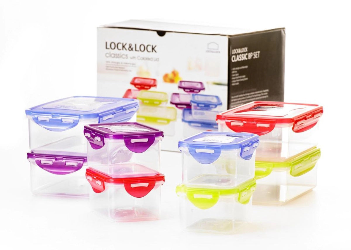 Set aus acht Aufbewahrungsdosen von Lock&Lock mit mehrfarbigen Deckeln