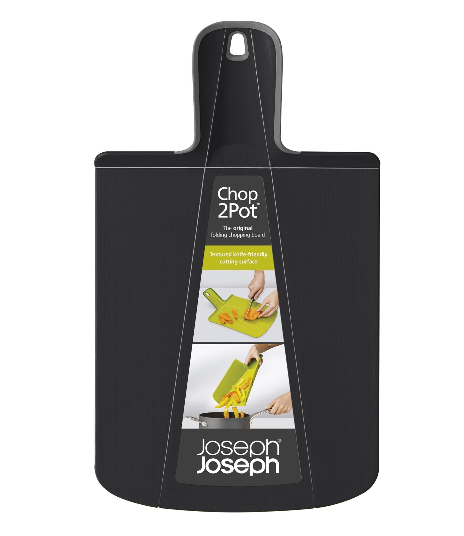 Elegantes Chop2pot Plus Schneidebrett in Schwarz, 38x21x1.5cm, perfekt für einfaches Schneiden und sicheres Umfüllen von Zutaten.