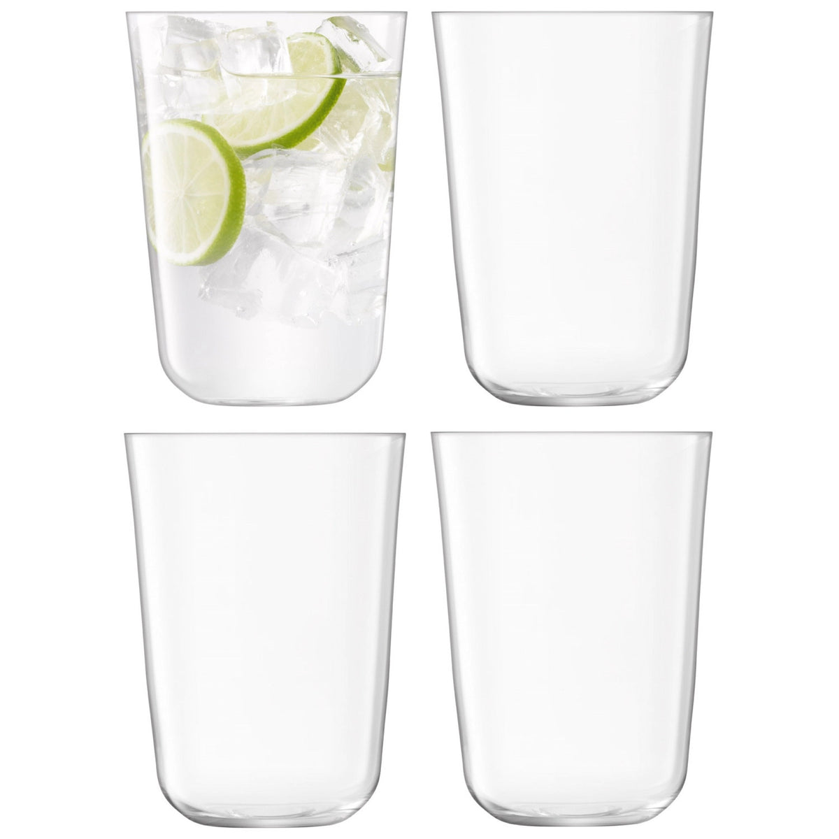 4er Set Arc Becher 550ml Clear von LSA: vier transparente Trinkgläser aus Glas mit abgerundetem Boden und leicht verjüngtem Profil.