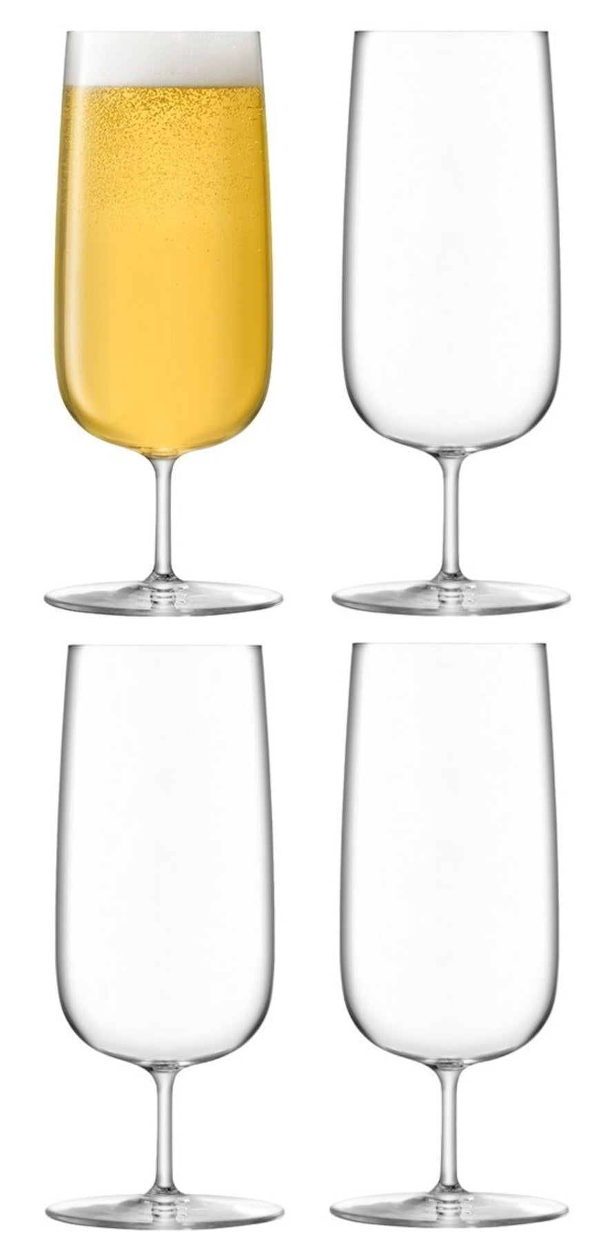 Vier transparente Pilsgläser aus bleifreiem Kristallglas mit hohem Kelch und feinem Stiel, LSA Borough Serie, 440ml Fassungsvermögen.
