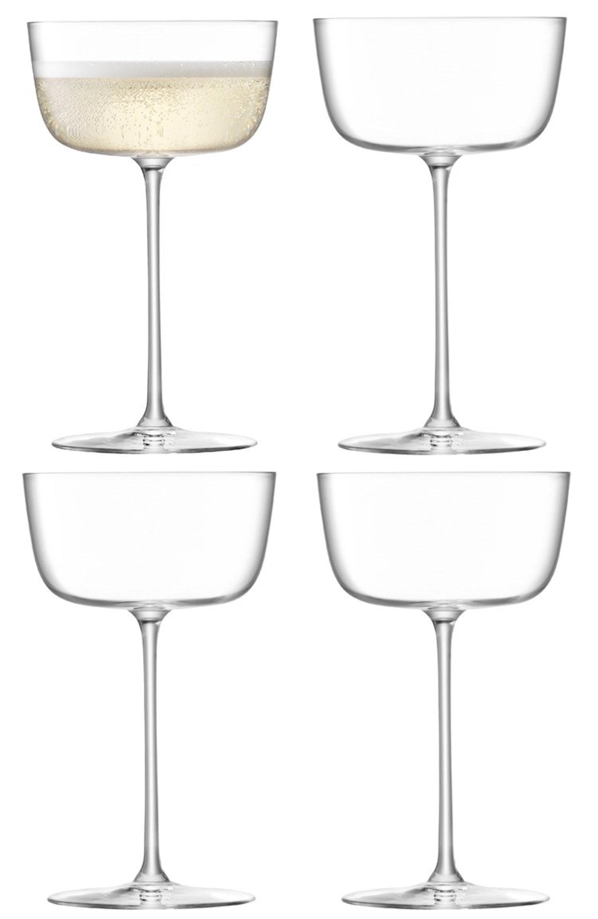 Vier transparente Cocktailschalen aus Kristallglas mit ausgestellter Schale und feinem, geradem Stiel, Modell Borough von LSA, 240ml Fassungsvermögen
