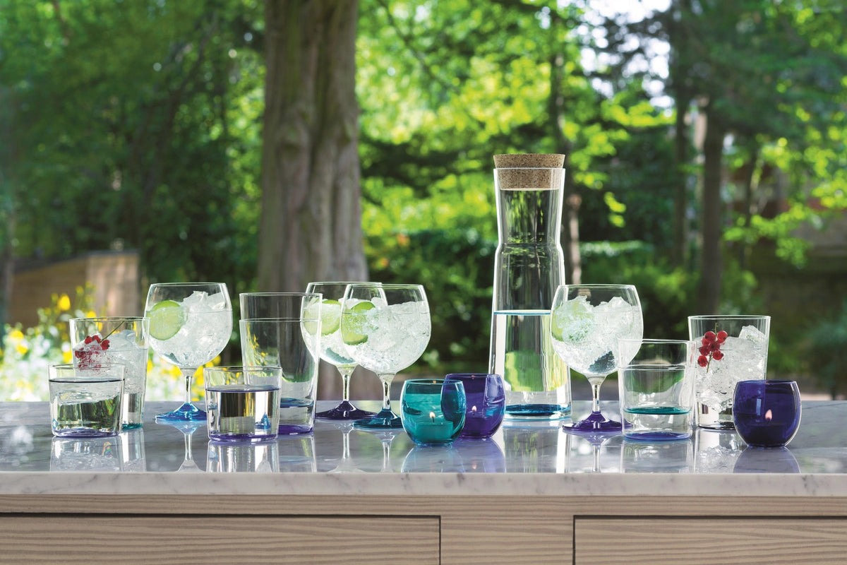 Vier stapelbare konische Trinkgläser aus Glas der Coro Serie von LSA, violetter Boden, Fassungsvermögen 310 ml, Durchmesser 8 cm, Höhe 7 cm