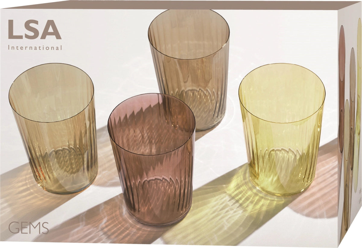 Vier hohe Trinkgläser aus Glas mit geriffelter Textur, handbemalt in verschiedenen transparenten Bernstein-Glanzfarben, 9 cm Durchmesser, 12 cm Höhe.