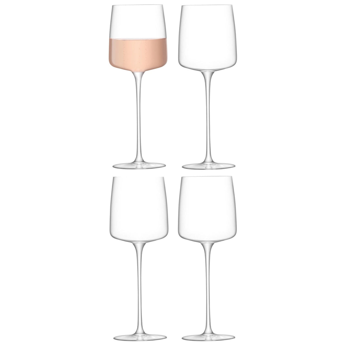 4er Set Metropolitan Weinglas 350ml von LSA aus klarem, bleifreiem Kristallglas mit hohem Stiel und eckiger, sich verjüngender Schale.