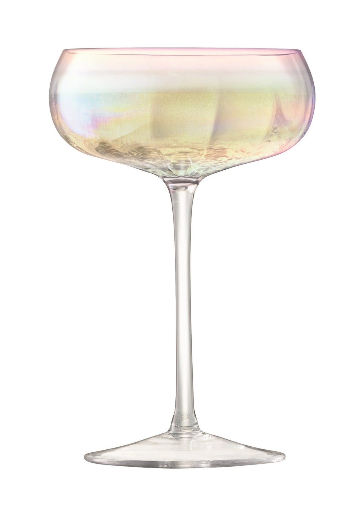 Zwei transparente Sektschalen aus Glas mit perlmuttfarbenem Schimmer und geriffelter Textur, mundgeblasen, Durchmesser 10.5cm, Höhe 16cm, LSA Pearl Serie.