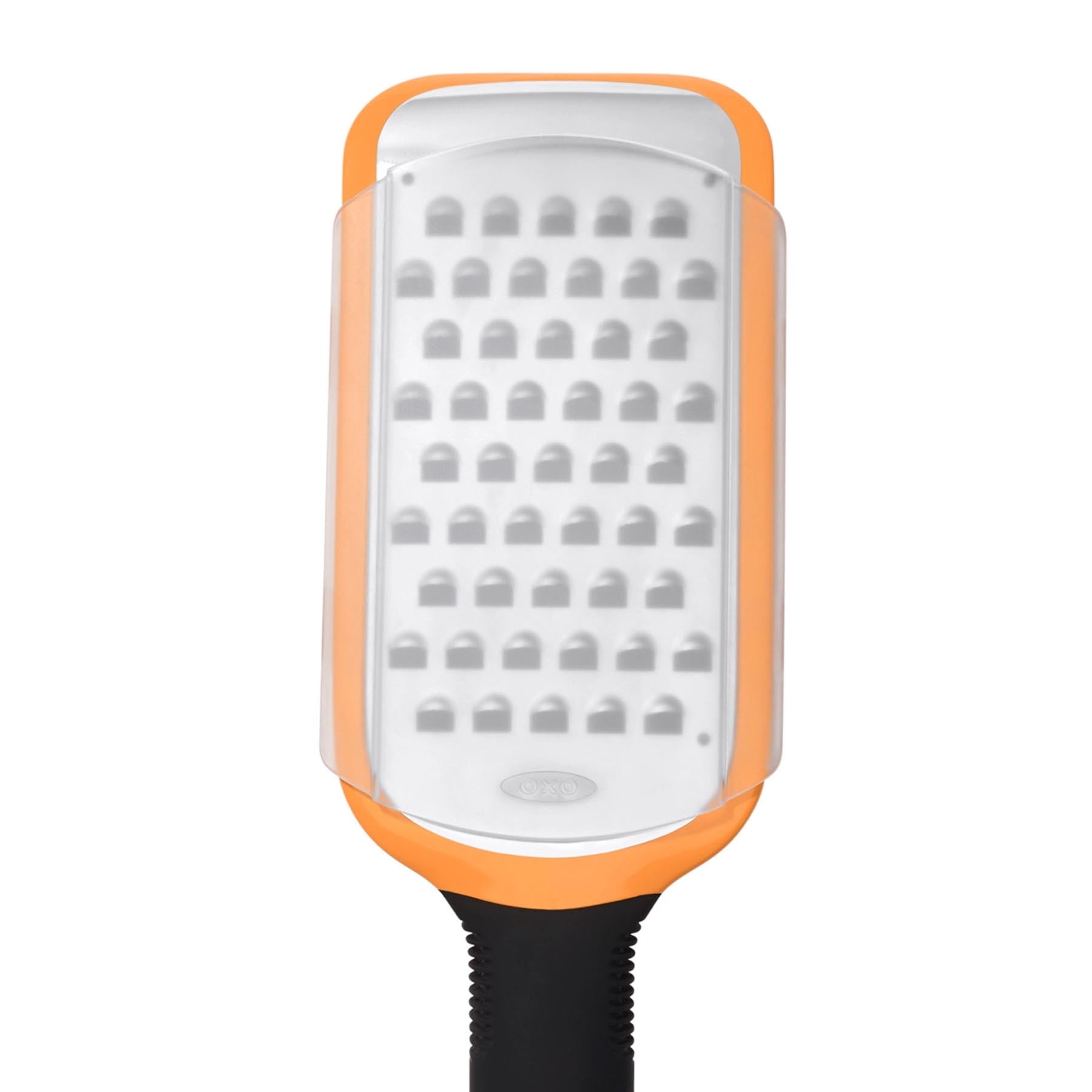 Hochwertige grobe Reibe von OXO in strahlendem Orange, perfekt für schnelles Reiben von Käse und Gemüse. Ein Must-Have für jede moderne Küche.