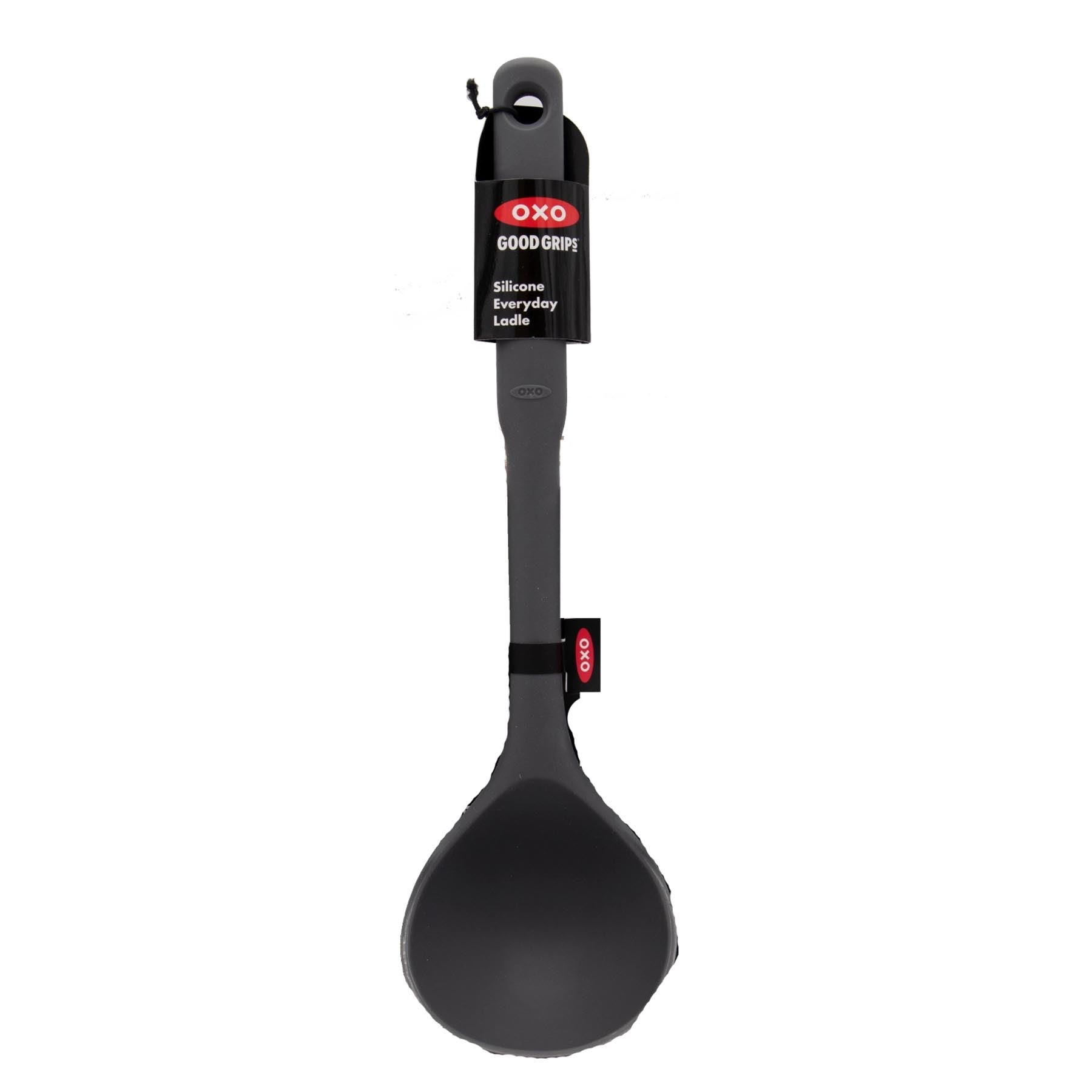 Großer Schöpflöffel aus hochwertigem Silikon von OXO in stilvollem Grau, perfekt für das einfache Servieren von heißen Speisen und Flüssigkeiten.