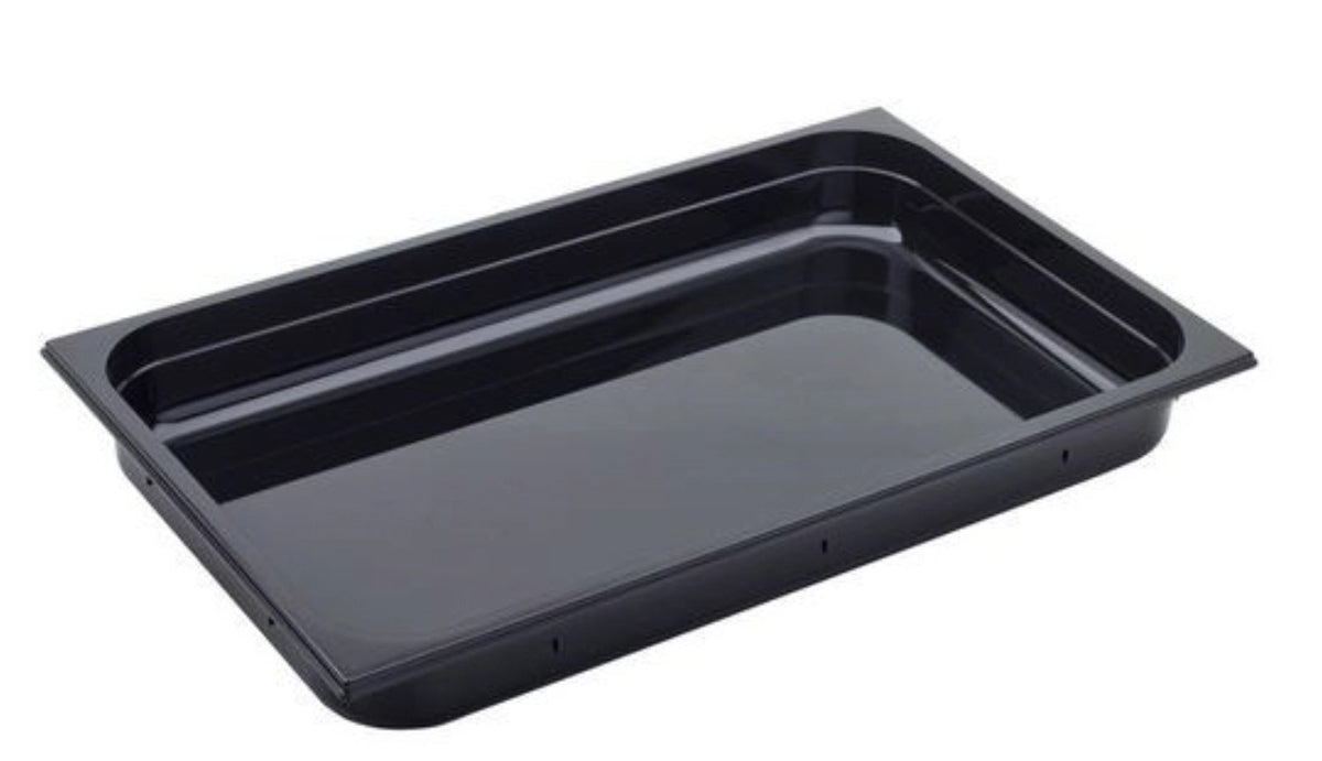 Schwarzer GN Behälter 1/1 aus Polycarbonat mit 15 cm Höhe, rechteckige Form, glatte Oberfläche, stapelbar, für Gastronomie und Küche.