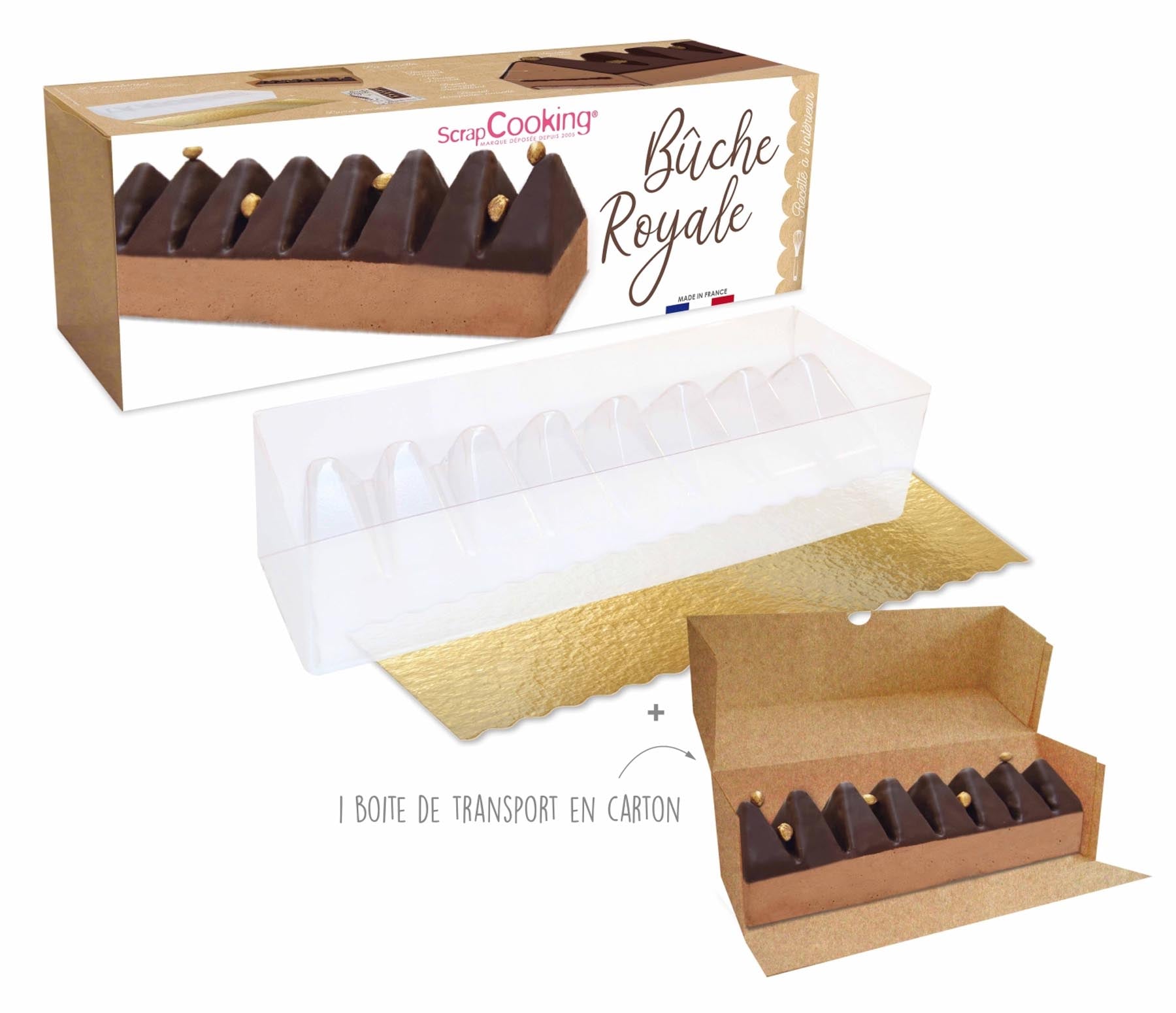 Elegantes Set Bûche Royale von Scrap Cooking für kreative Backprojekte. Ideal für festliche Kuchen und Desserts in Holzscheibenform.