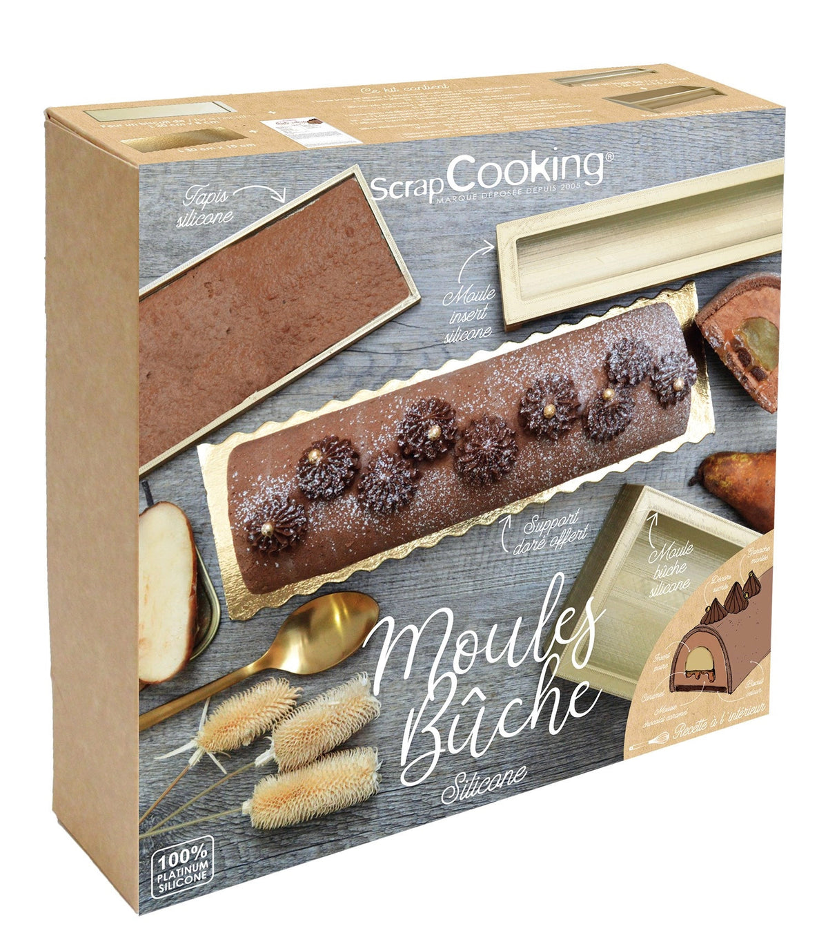 3-tlg. Buche Box mit Silikonformen m. Buche in Gold präsentiert im Onlineshop von KAQTU Design AG. Snackbox ist von Scrap Cooking