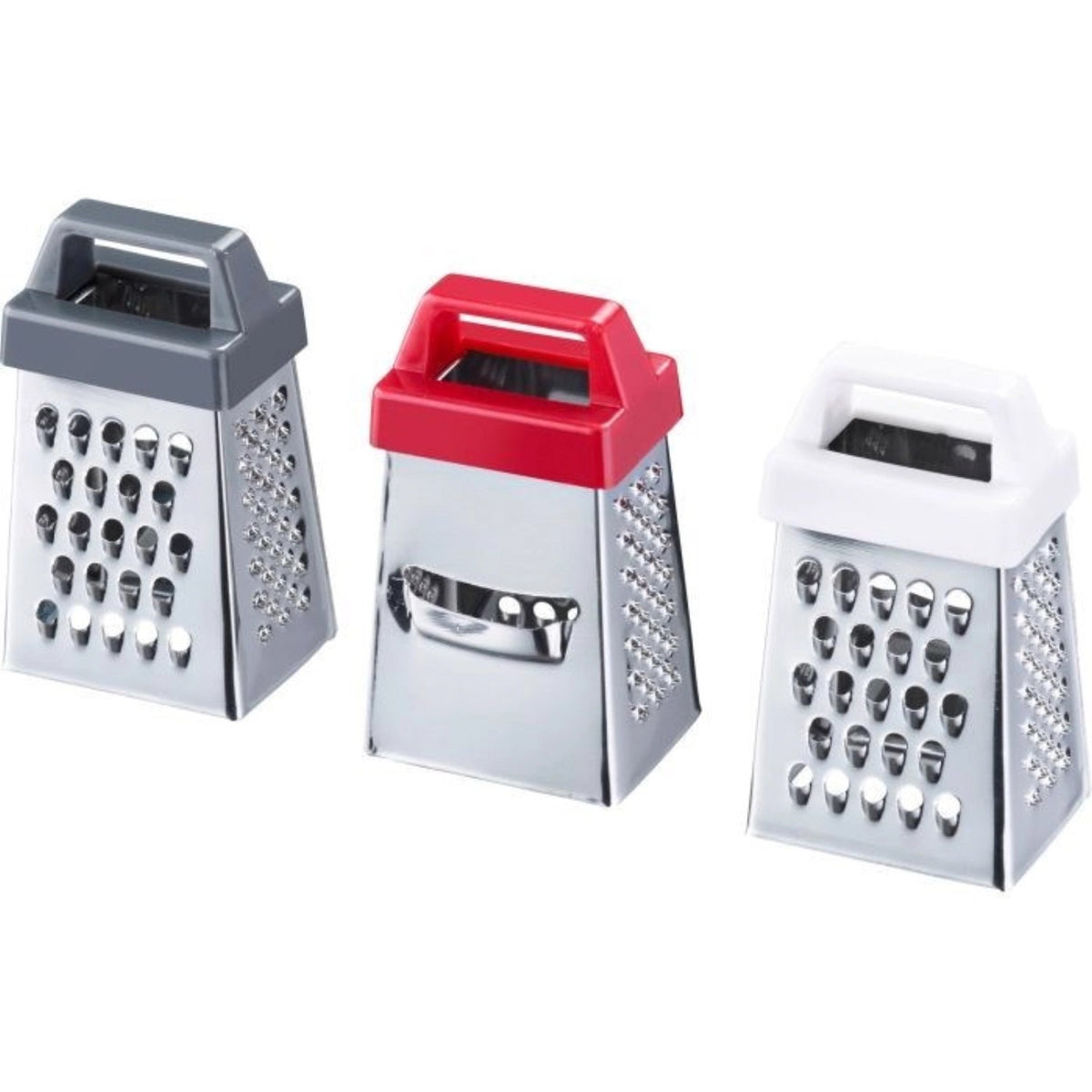 Foto von 18 kleinen roten Mini Reiben der Marke Westmark, ordentlich in einem Display angeordnet, kompakte Form mit Griff.
