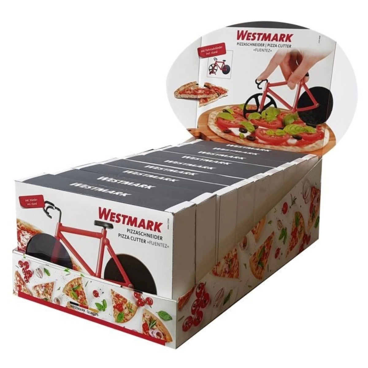 Roter Pizzaschneider Fuentez von Westmark in Fahrradform mit zwei Schneiderädern und mitgeliefertem Fahrradständer, Grösse 18.5 x 11.5 cm.