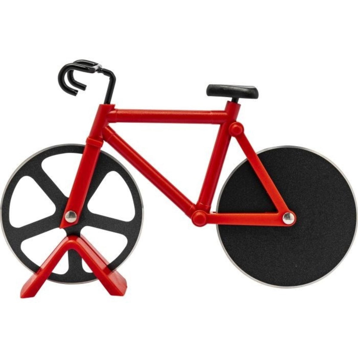Roter Pizzaschneider Fuentez von Westmark in Fahrradform mit zwei Schneiderädern und mitgeliefertem Fahrradständer, Grösse 18.5 x 11.5 cm.