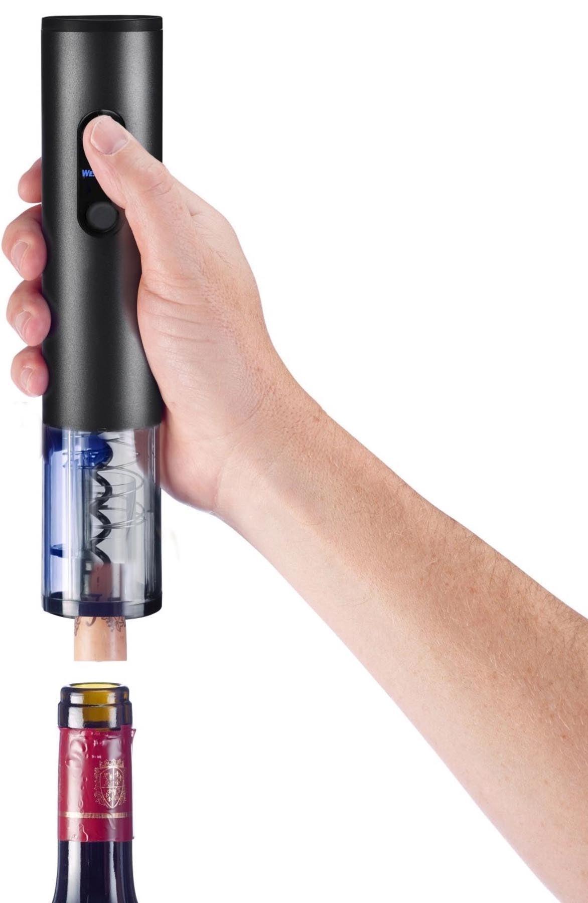 Eleganter elektrischer Korkenzieher Vasco in Schwarz, ideal zum mühelosen Öffnen von Weinflaschen, präsentiert von Westmark.