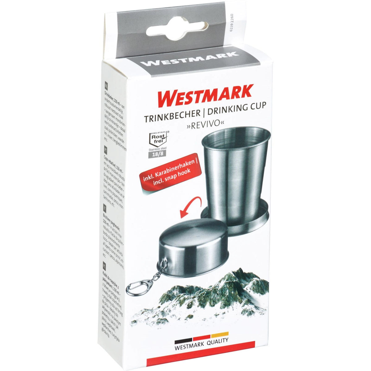 Silberner Trinkbecher Revivo, 150ml von Westmark aus Edelstahl, schlichte runde Form, Durchmesser 6.4cm, Höhe 3.7cm, auf neutralem Hintergrund fotografiert