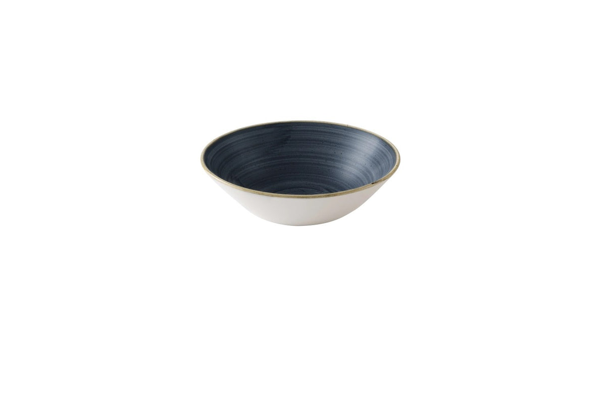 Blaue Stonecast Schüssel tief von Churchill, 19.6 cm Durchmesser, mit handverzierter, rustikaler Keramikoberfläche und leicht unregelmässiger Form.