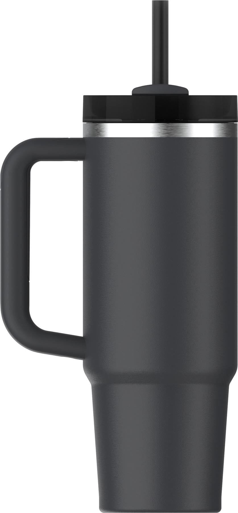 Moderne schwarze Stanley Quencher FlowState 0.89l, perfekte Thermosflasche für unterwegs, hält Getränke lange heiß oder kalt.