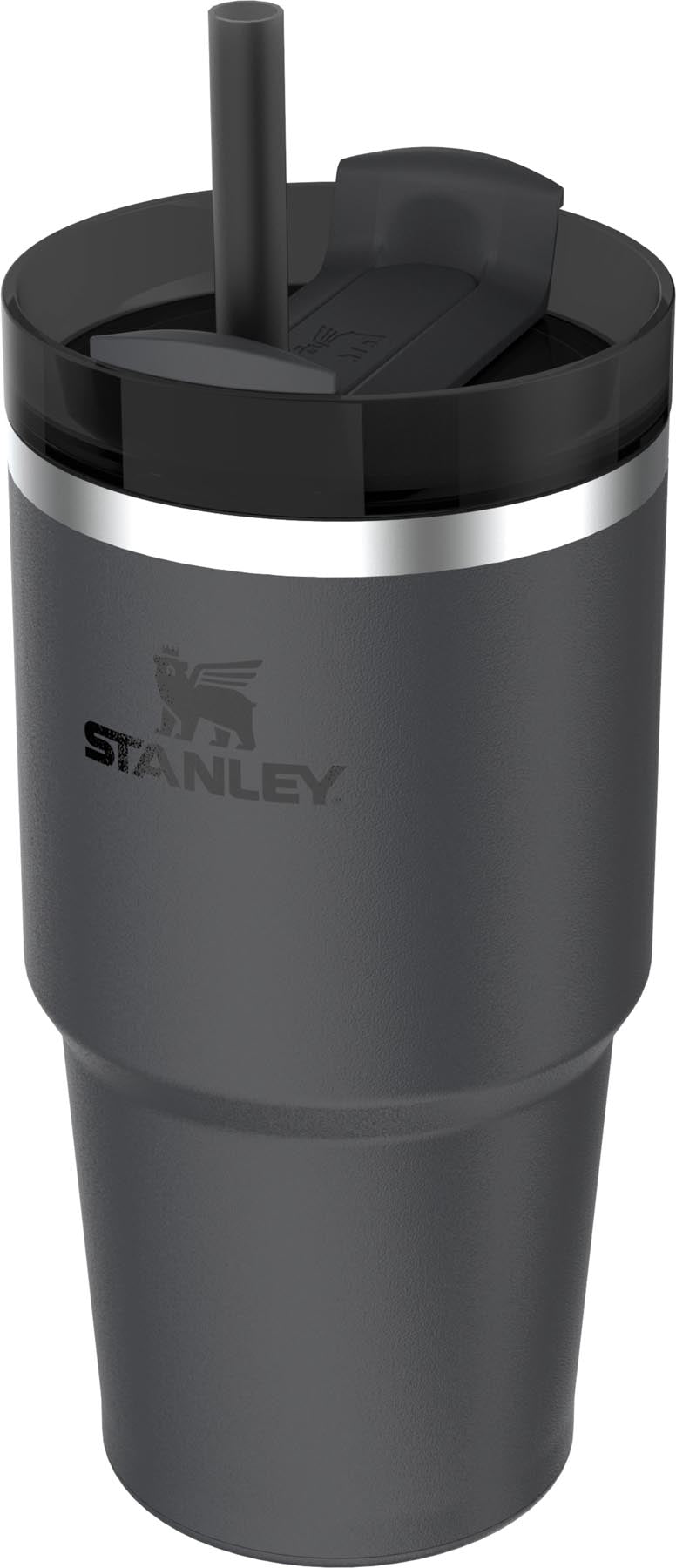 Stylische schwarze Thermosflasche Quencher FlowState 0.6l von Stanley, ideal für kalte und heiße Getränke, perfekt für unterwegs.