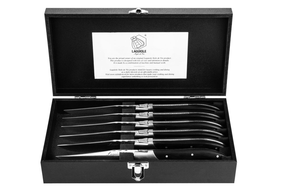 Laguiole Luxury Line Steakmesser schwarzes Ebenholz in Schwarz präsentiert im Onlineshop von KAQTU Design AG. Küchenmesser ist von Laguiole Style de Vie