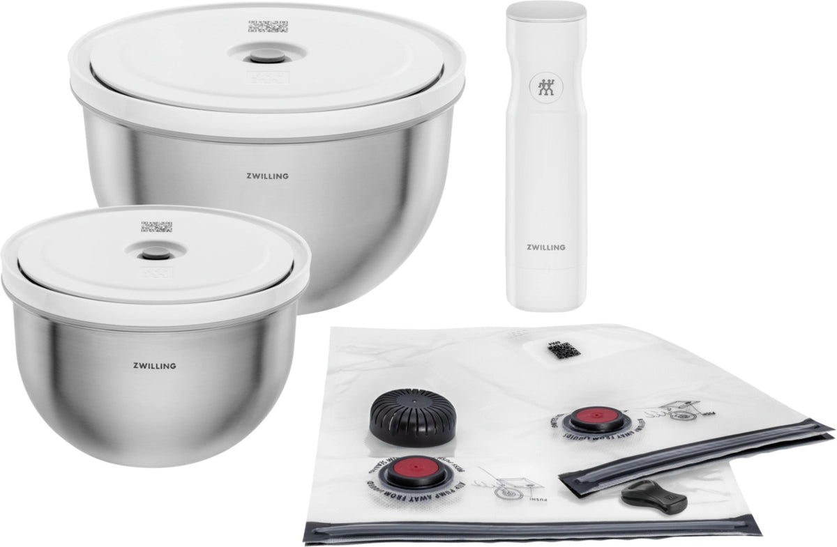 9tlg. Fresh & Save Bowls Vakuum Starter Set, Edelstahl in Weiss präsentiert im Onlineshop von KAQTU Design AG. Aufbewahrungsbeutel ist von Zwilling