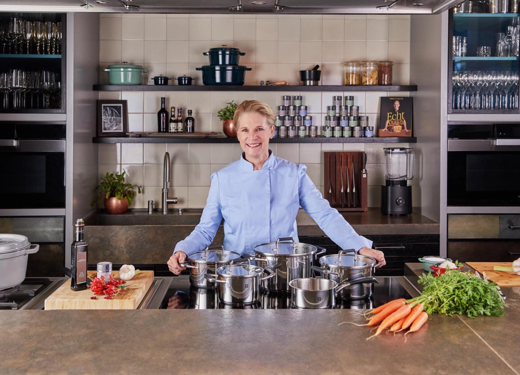 Elegantes 5-teiliges Kochtopfset von Zwilling Poletto, ideal für kreative Küchenabenteuer und ansprechende Präsentation.