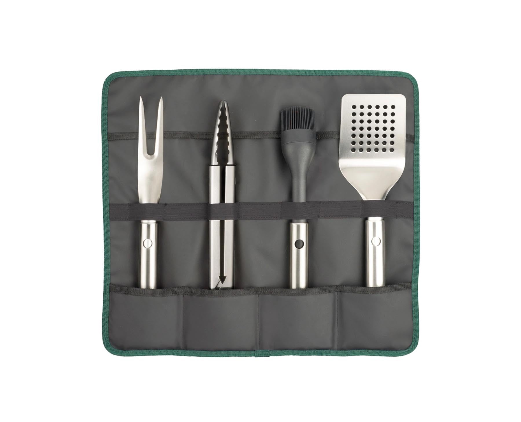 Praktisches 4er Set Grillutensilien aus hochwertigem Edelstahl von Joseph Joseph, perfekt für Grillfeste und kulinarische Erlebnisse im Freien.