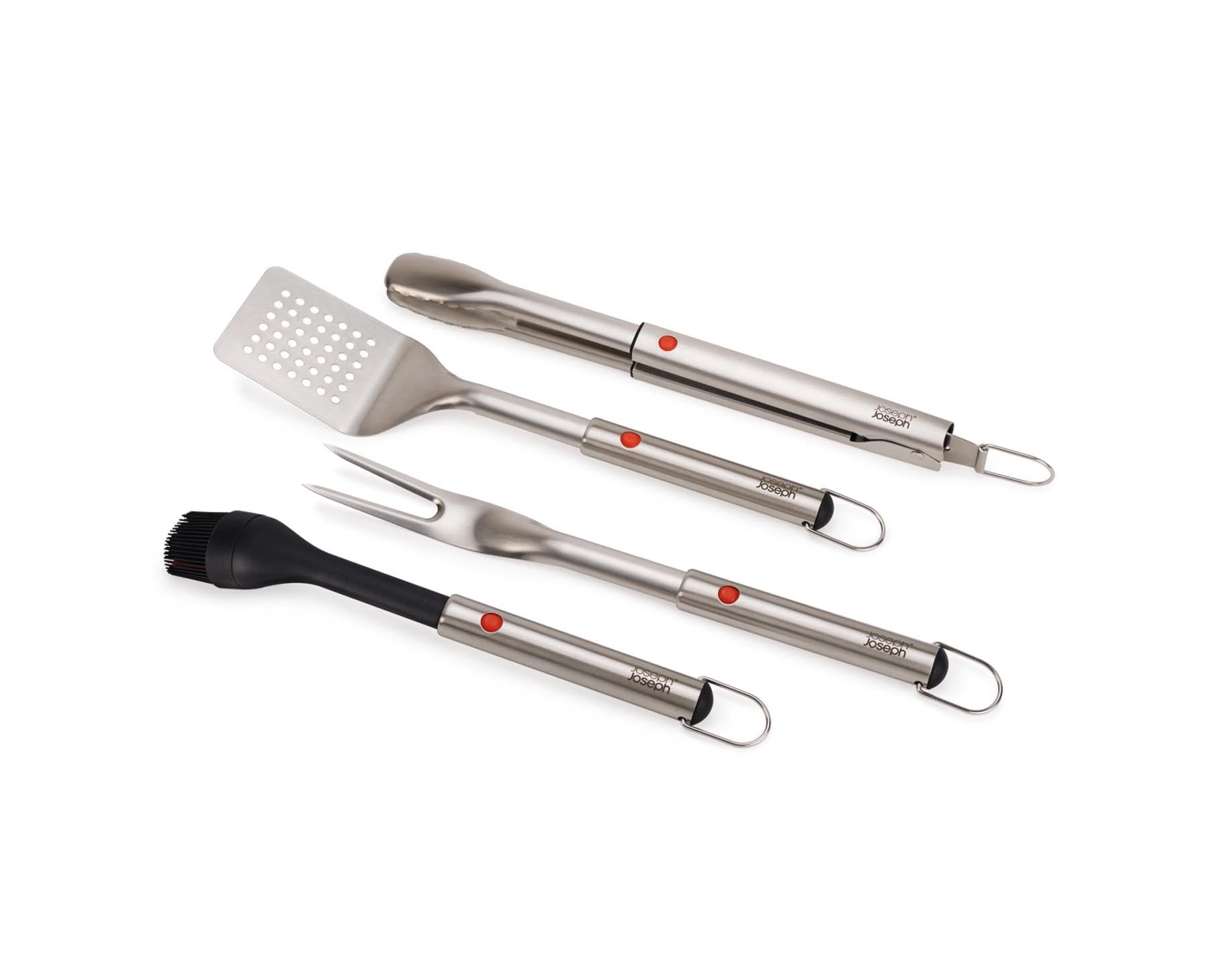 Praktisches 4er Set Grillutensilien aus hochwertigem Edelstahl von Joseph Joseph, perfekt für Grillfeste und kulinarische Erlebnisse im Freien.