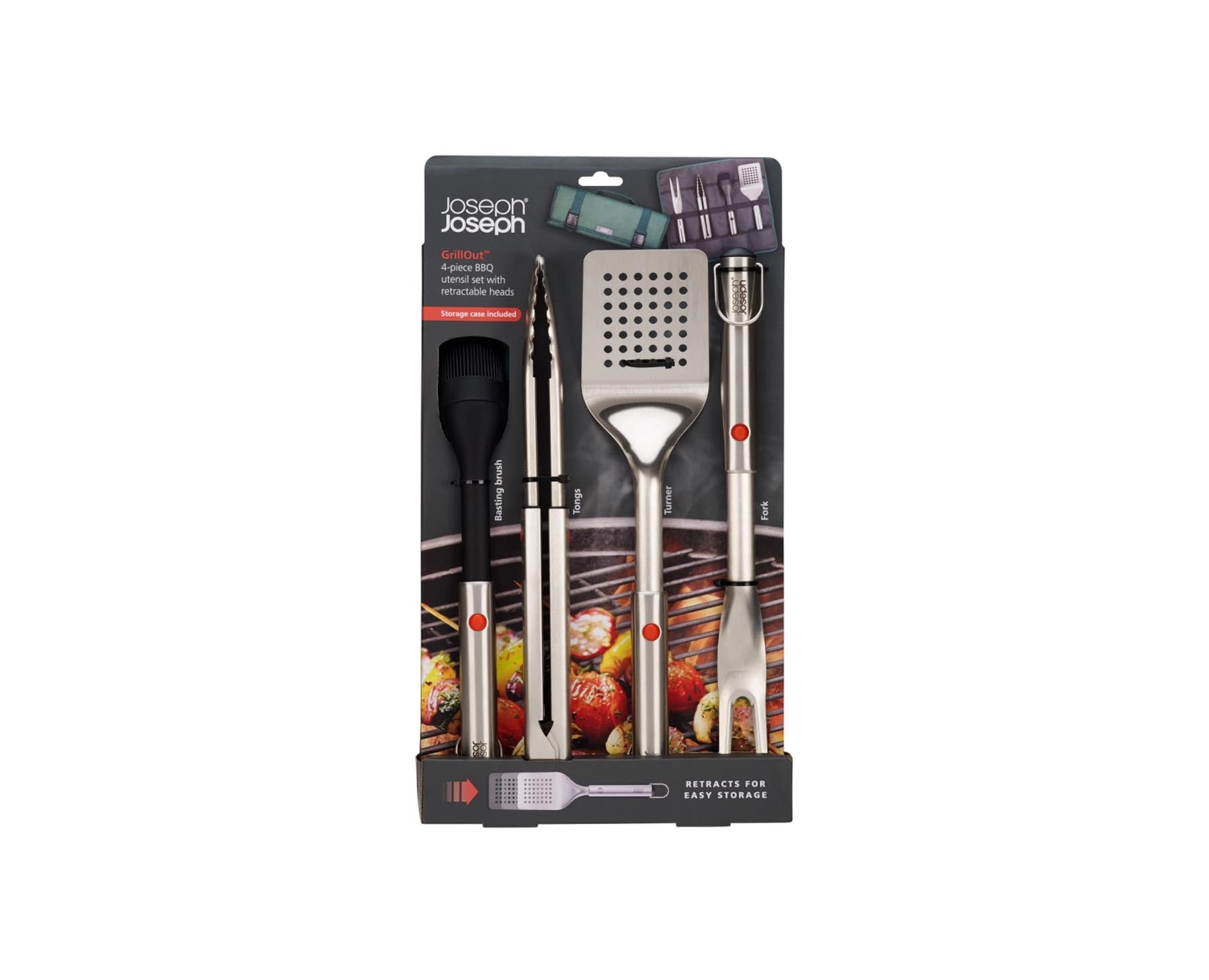 Elegantes 4-teiliges BBQ-Utensilien Set aus Edelstahl von Joseph Joseph, ideal für Grillliebhaber und Outdoor-Kochabenteuer.