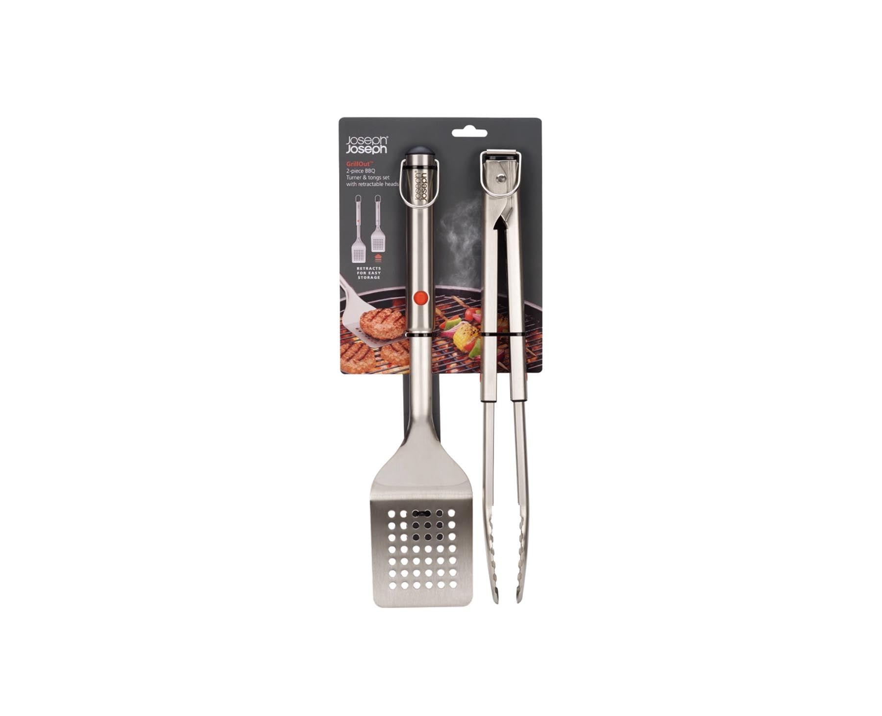 Praktisches 2er Set aus Edelstahl mit Wender und Zange von Joseph Joseph, ideal für das Grillen und BBQ, langlebig und funktional.
