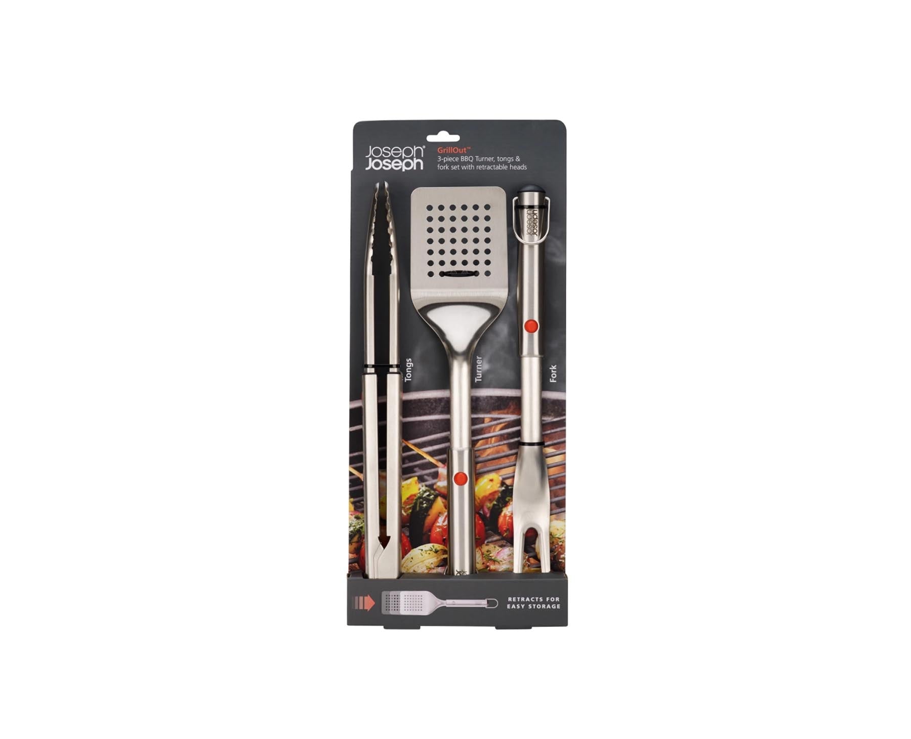 Praktisches 3er Set Grillbesteck von Joseph Joseph: Edelstahl Wender, Zange und Gabel für perfekte Grillmomente und einfache Handhabung.
