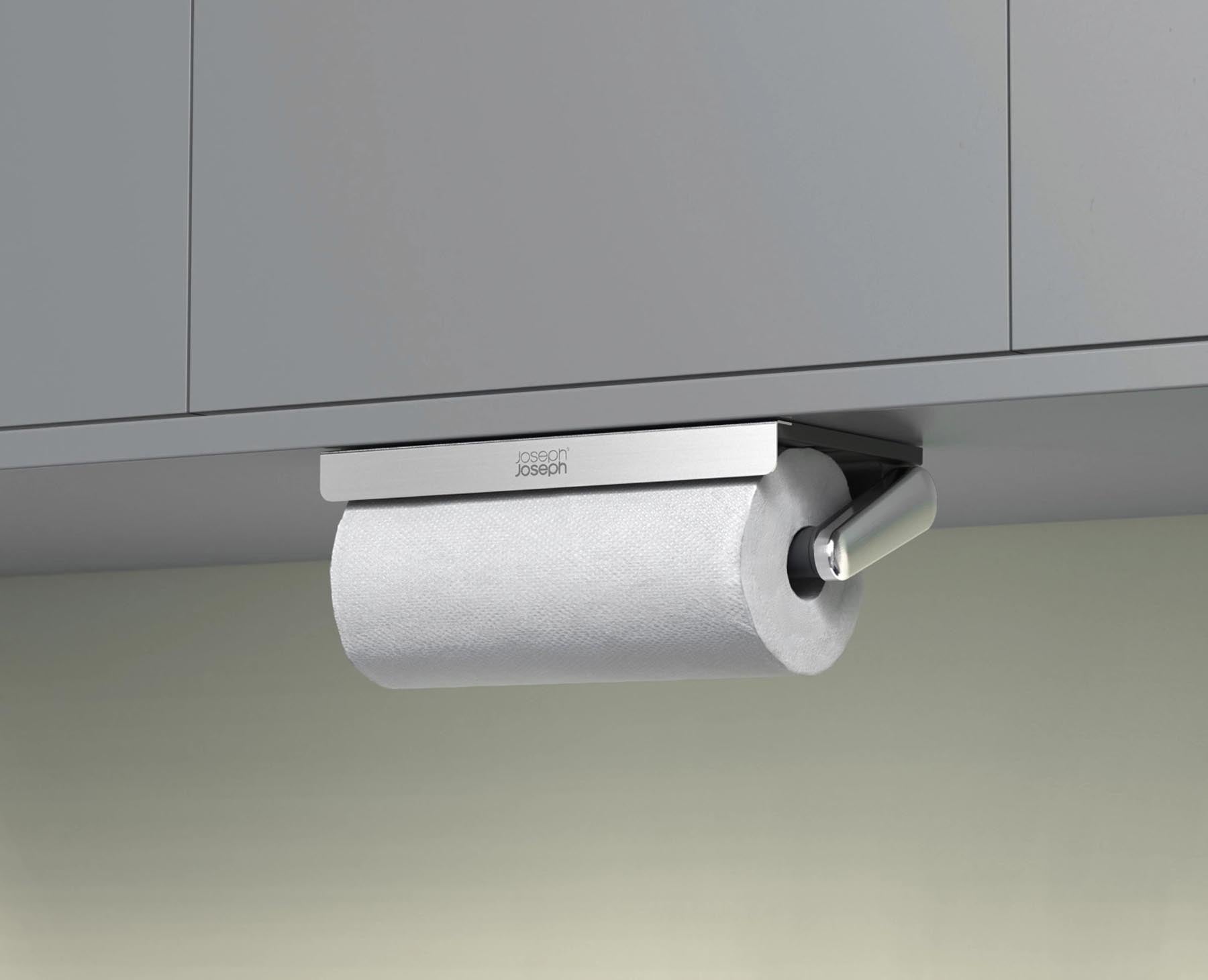 Eleganter RollGrip Küchenrollenhalter von Joseph Joseph, ausziehbar und platzsparend, perfekt für die Unterablage in jeder modernen Küche.