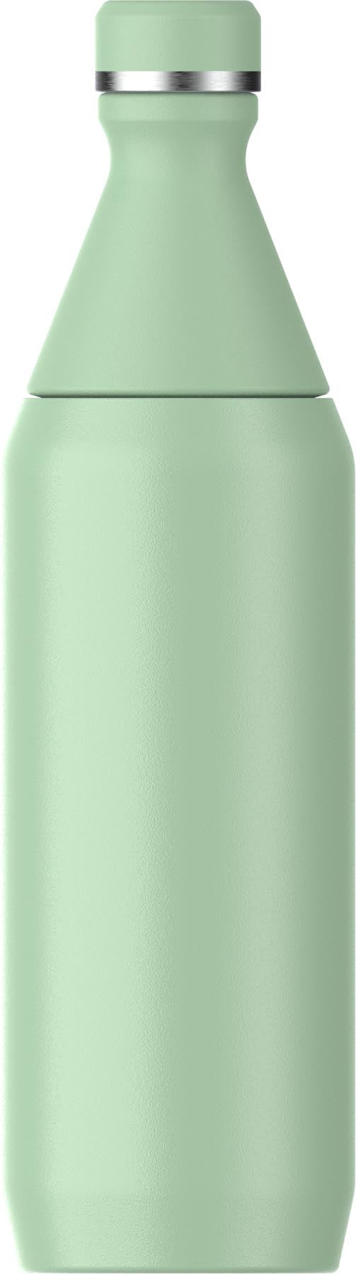 Elegante Thermosflasche in Pistaziengrün mit glänzender Oberfläche, ideal für unterwegs. Perfekt für kalte und heiße Getränke.