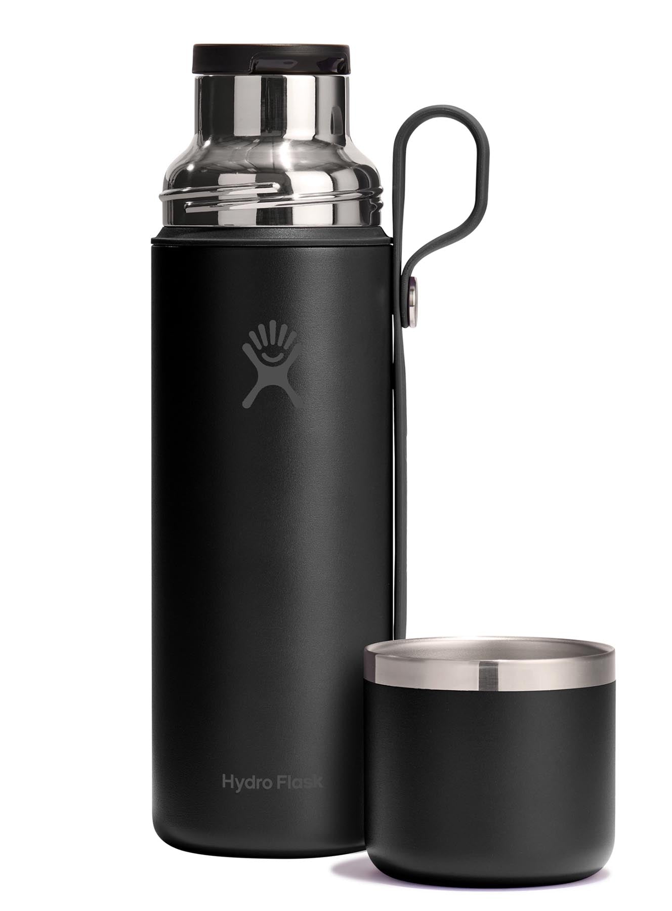 Schwarze Thermosflasche Hot Flask & Cup von Hydro Flask mit 828ml Fassungsvermögen, ideal für heiße Getränke unterwegs.
