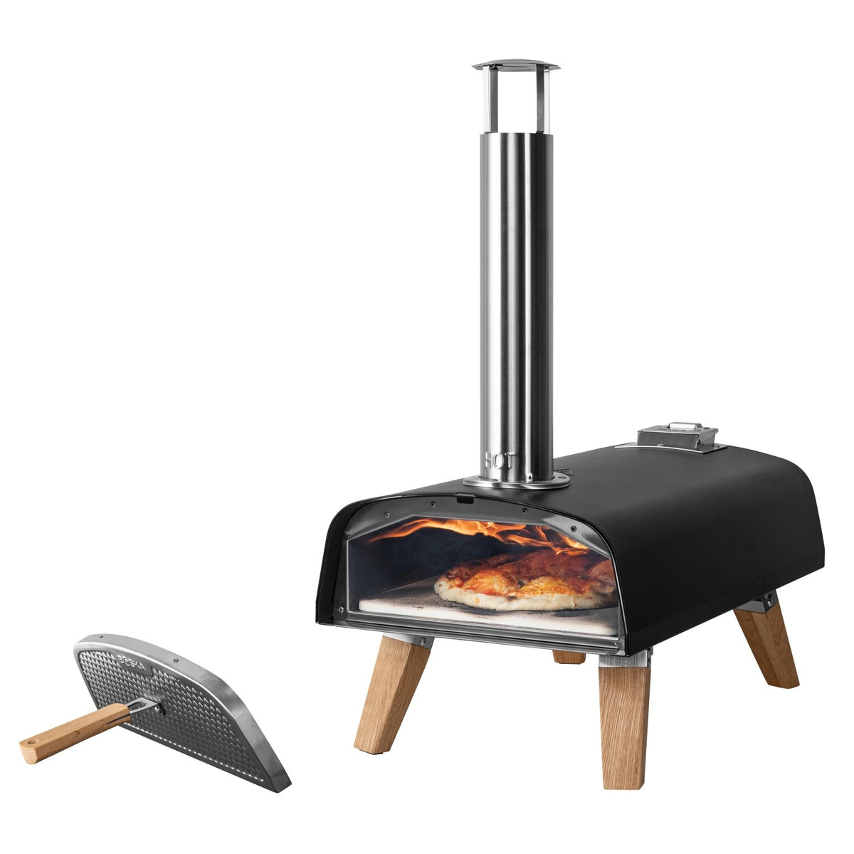 Schwarzer Pizzaofen für Pellets von Boska mit offener Feuertasse und Brennkammer, Grösse 69.9x36 cm, Höhe 72.5 cm.