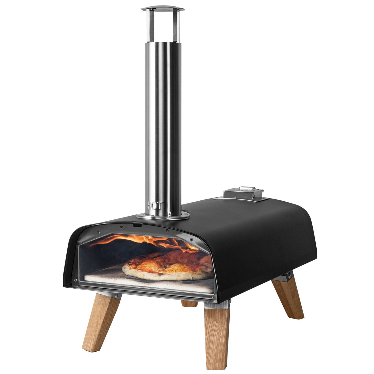 Schwarzer Pizzaofen für Pellets von Boska mit offener Feuertasse und Brennkammer, Grösse 69.9x36 cm, Höhe 72.5 cm.