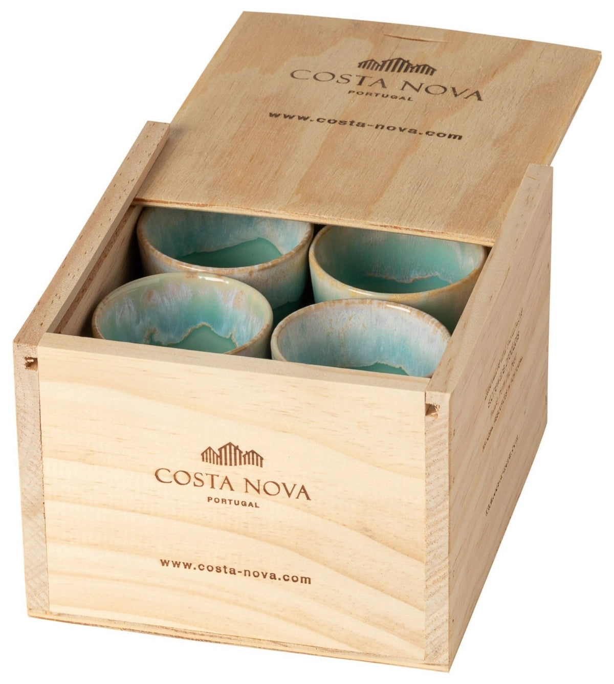 8er Set Grespresso Espressotassen aus blauem Steingut, 70ml, in Geschenkbox, Hersteller Costa Nova, Portugal.
