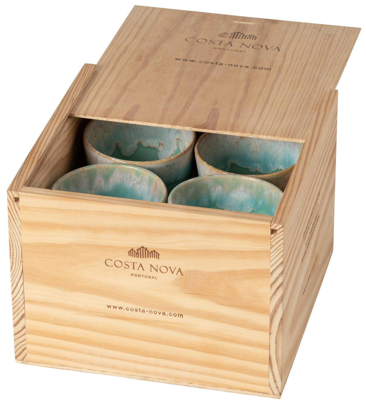 Acht blaue Kaffeetassen aus Steingut der Costa Nova Grespresso-Serie, je 190ml, ordentlich in einer Geschenkbox angeordnet.