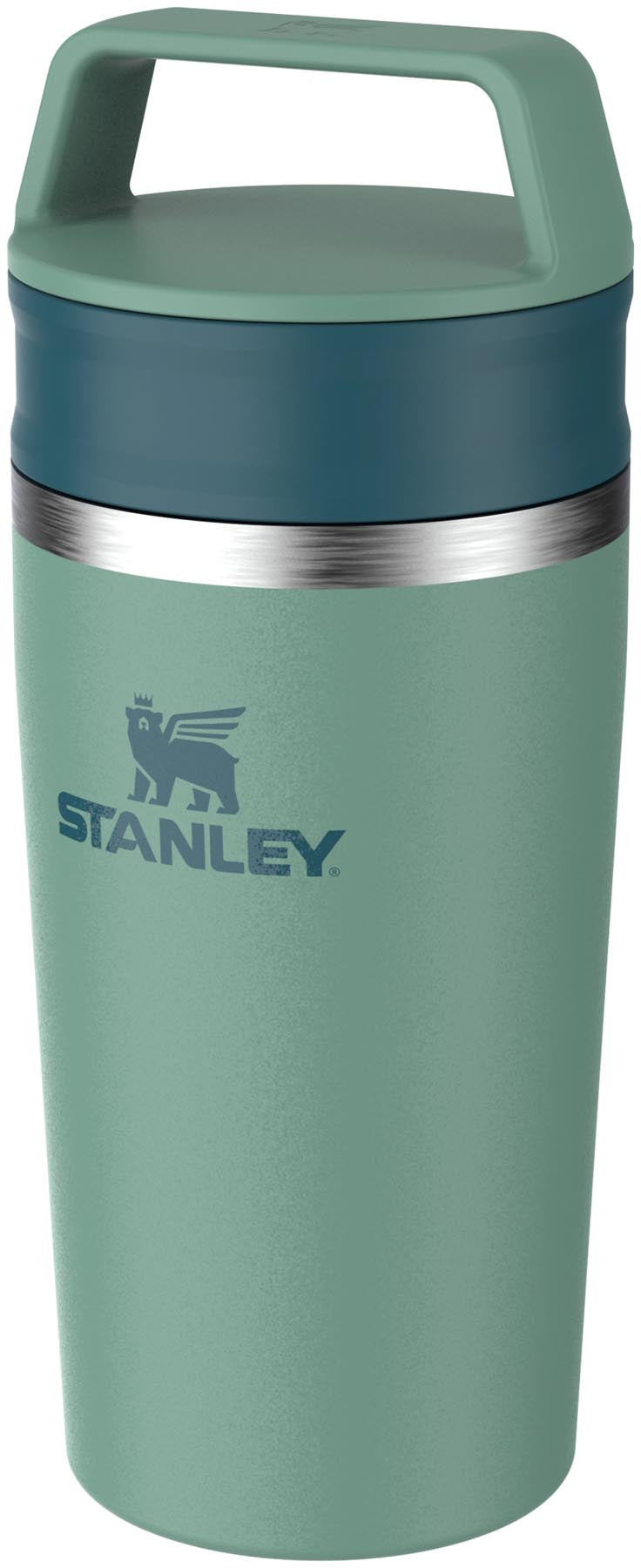 Praktischer und eleganter Reisebecher in lebhaftem Frühlingsgrün von Stanley, ideal für Kaffee und Tee unterwegs.